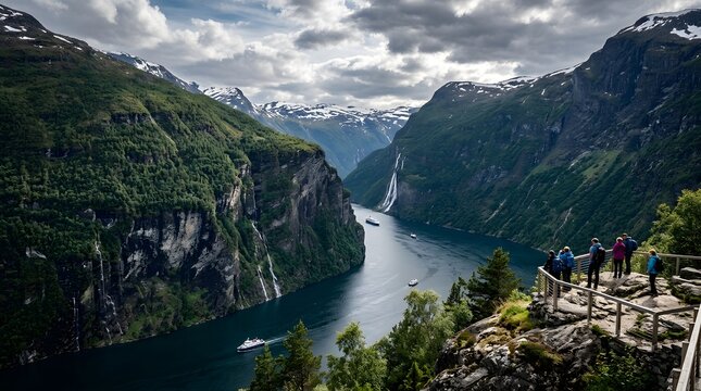 Norwegian fjord surrounded by towering cliffs and waterfalls, dramatic natural scenery, ultra detailed travel photography