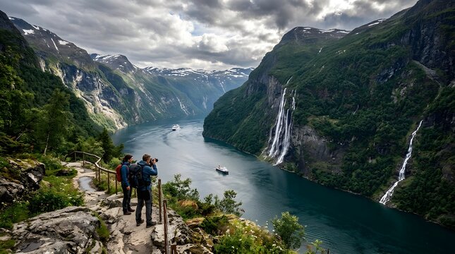 Norwegian fjord surrounded by towering cliffs and waterfalls, dramatic natural scenery, ultra detailed travel photography