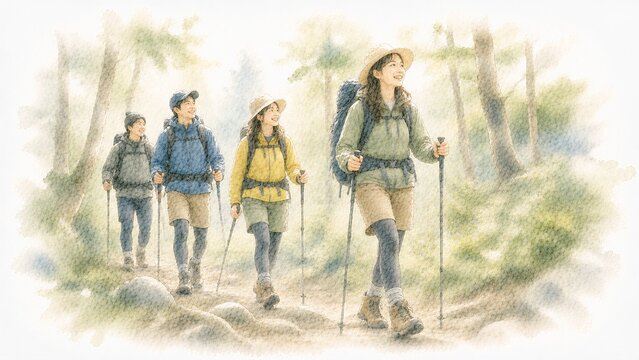森の中の山道をトレッキングポールを使って笑顔でハイキングする若者たち