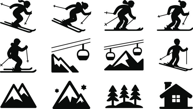Skiing winter sports silhouette icons set, skier, mountains, cable car, ski resort, snow adventure vector