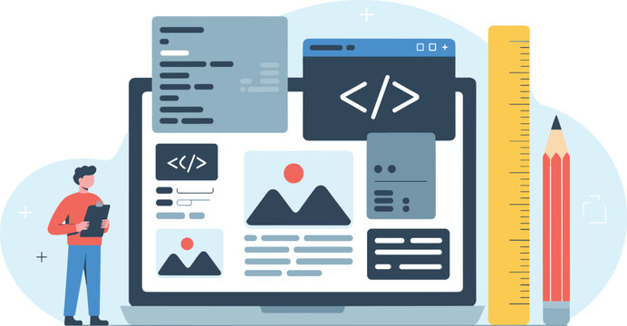 Web development concept, programmer designing website interface coding UI UX software development technology illustration