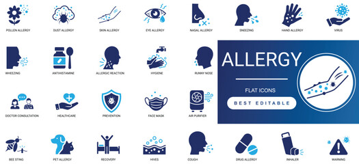 Fototapeta premium allergy solid icon set. allergy, immune, symptom, rash, pollen, food, reaction medical sensitive. editable vector illustration collection.