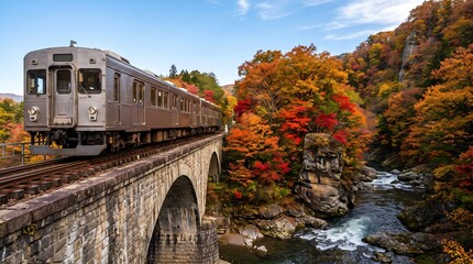 Fototapeta premium Train crossing stone bridge in autumn mountain landscape