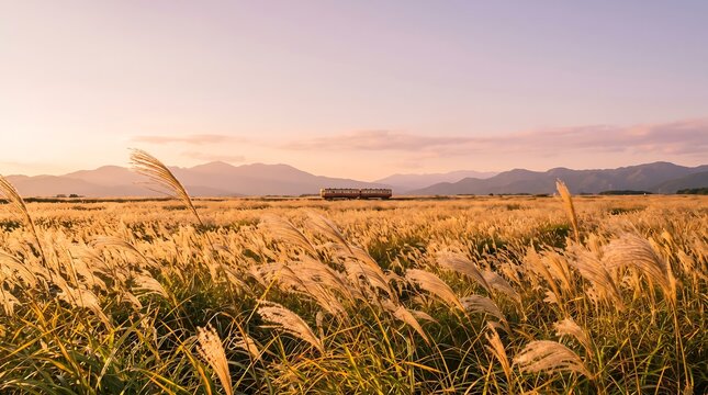 Train traveling through golden pampas grass field at sunset