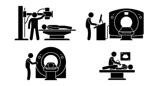 Medical imaging procedures vector illustration showing radiology, ct scan, mri, ultrasound, xray, fluoroscopy icons with technician silhouettes conveying diagnosis and technology