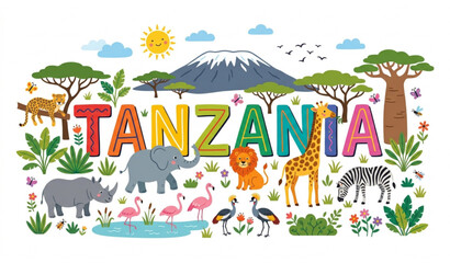 Tanzania Word Art with Safari Wildlife Mount Kilimanjaro Birds and Nature Cute Flat Vector Illustration © MdHares