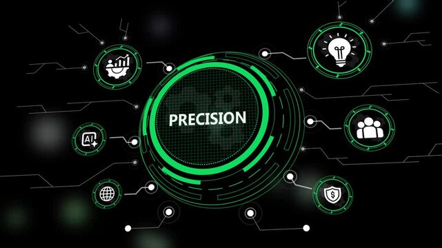 Futuristic Digital HUD Interface Centered on Precision with Icons for Artificial Intelligence Global Connectivity Security and Innovation on a Dark Green Tech Background