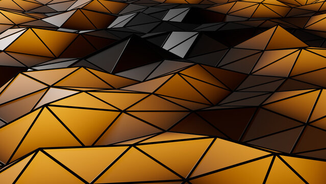 Abstract orange low poly triangle grid landscape, 3d render of undulating semi-matte geometric surface with dark wireframe and glowing peaks. 3d rendering illustration not AI