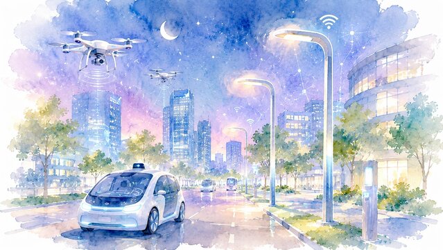 ドローンと自動運転車が走る未来のスマートシティ夜景を描いた水彩画イラスト