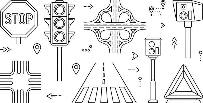 Vector line art icon set of traffic elements including stop sign road highway interchange crosswalk and speed camera