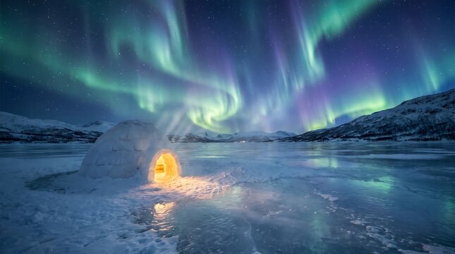 Igloo under northern lights in winter night landscape