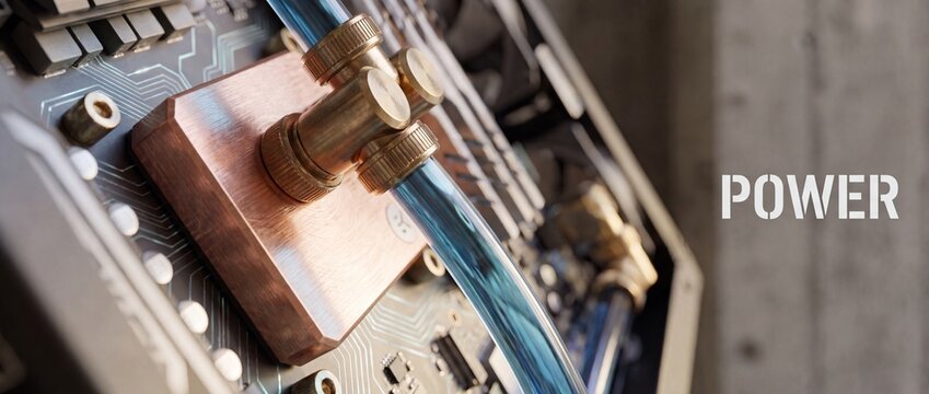 Liquid cooling system PC motherboard with copper water block and blue coolant tubes on custom gaming computer hardware rig, showcasing advanced processing power and technology.