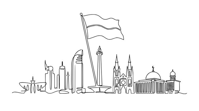 Jakarta Skyline Continuous Line Drawing with Indonesian Flag