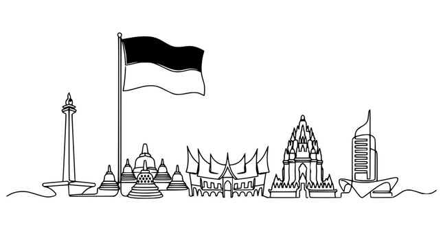 Indonesia Skyline: Iconic Landmarks and Flag in Minimalist Line Art