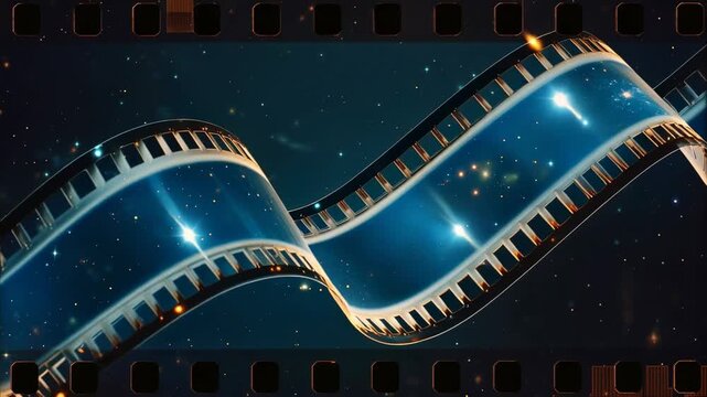 Curved cinematic film strip floating in space with glowing stars and futuristic movie production background