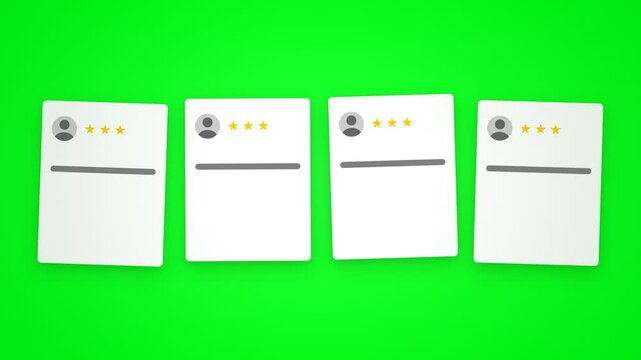 Customer Review Cards with Stars on Green Screen.