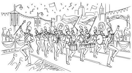 Obraz premium Marching Band Parade Celebration Cityscape Outline Illustration
