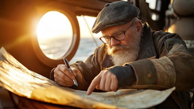 Elderly man examines navigation chart while sitting inside boat. Sunlight shines through window. Concept of maritime exploration, sailing, nautical adventures