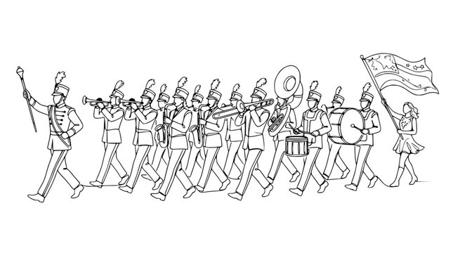 Marching Band Parade Performance: Musicians and Drummer with Flag Bearer, Black and White Line Art