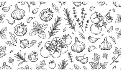 Hand Drawn Garlic Tomato and Herb Seamless Pattern Vector in Soft Blue Sketch © MdNayeem