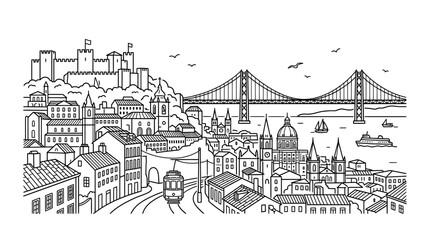 Obraz premium Lisbon Cityscape Outline Drawing: Castle, Bridge, Tram, and River