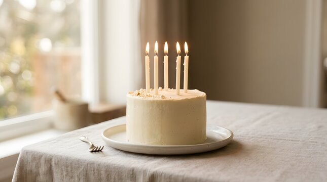 Minimalist white birthday cake with lit candles on table near window