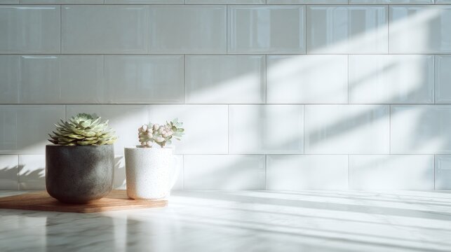 Potted succulents on marble countertop with subway tile backsplash