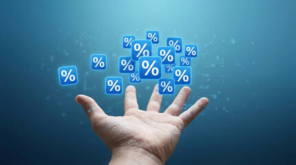 Obraz premium Open hand offering glowing blue percentage symbols on a gradient blue background, symbolizing financial gain, discounts, or digital finance