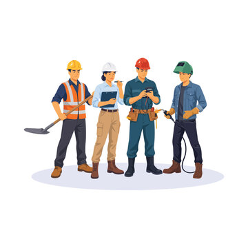Construction team including engineer and workers with safety gear and tools for industrial infrastructure projects and labor concept