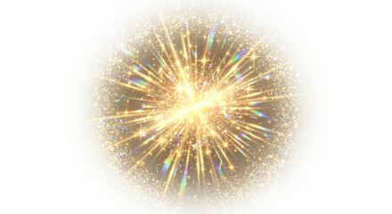 Obraz premium Bright golden starburst glow sparkle light rays prism explosion white overlay element
