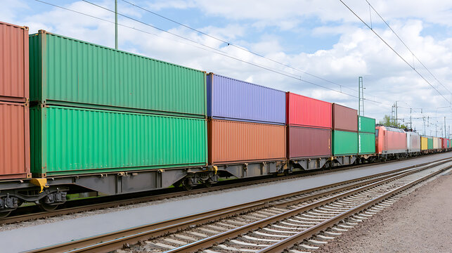 Long freight train with many colorful cargo containers transport goods and merchandise across vast distances by railway under a blue sky