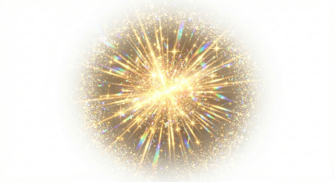 Bright golden starburst glow sparkle light rays prism explosion white overlay element