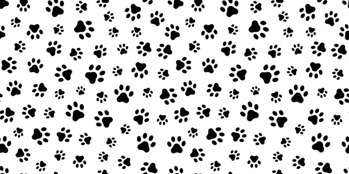 Paw print seamless pattern, cat, dog, animal footprint background. Vector repeating pattern of black paw prints on a transparent background.