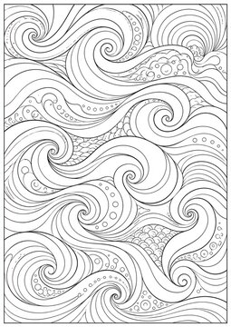 Abstract Ocean Wave Zentangle Doodle Coloring Page with Flowing Spirals and Organic Curves