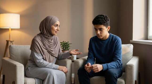 Hijab-wearing mother speaks calmly with her withdrawn teenage son in separate armchairs, encouraging openness during a thoughtful exchange about anxiety, reassurance, trust, and family support