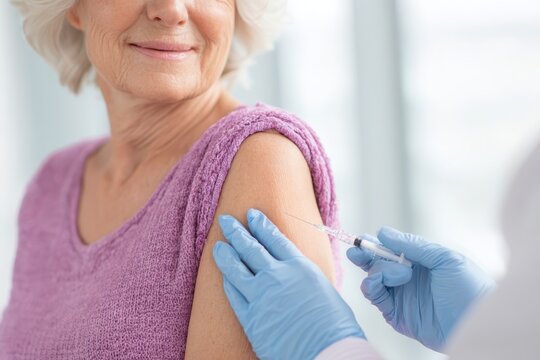 Doctor making medical drug injection or anti covid shot to disabled senior woman. Smiling elderly grandmother receiving a vaccine. Elder lady getting vaccination. Old people get inoculation. Flu, pox