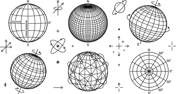 Earth globe grid wireframe sphere vector line art set featuring latitude longitude equator prime meridian navigation coordinate network.