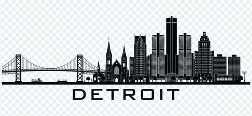Detroit city skyline black silhouette with famous landmarks and ambassador bridge vector illustration © MDShakiburRahman