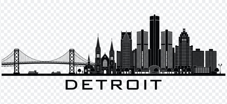 Detroit city skyline black silhouette with famous landmarks and ambassador bridge vector illustration