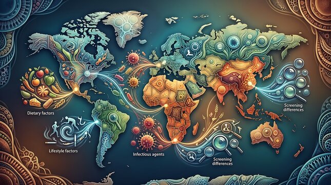 Global map illustrating health trends and environmental factors