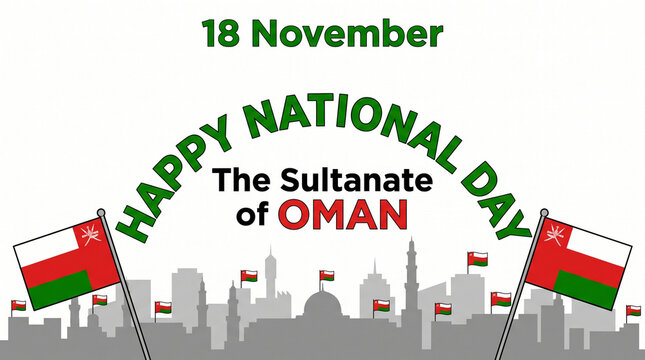 Festive graphic design celebrating the national day of the sultanate of oman featuring vibrant green text and national flags displayed against a subtle grey skyline silhouette on a white background.