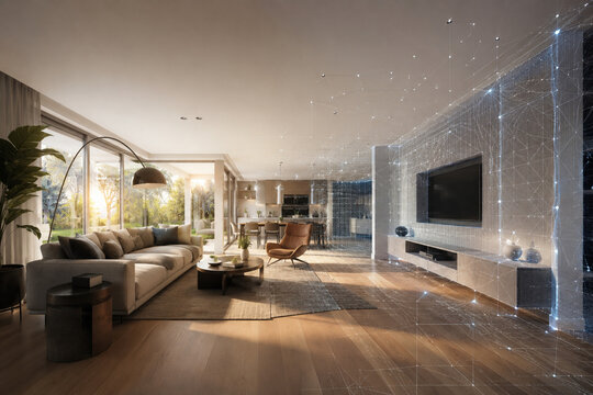 Premium Smart Living Room Interior with Digital Twin Visualization, Spatial Mapping and Modern Home Technology Concept
