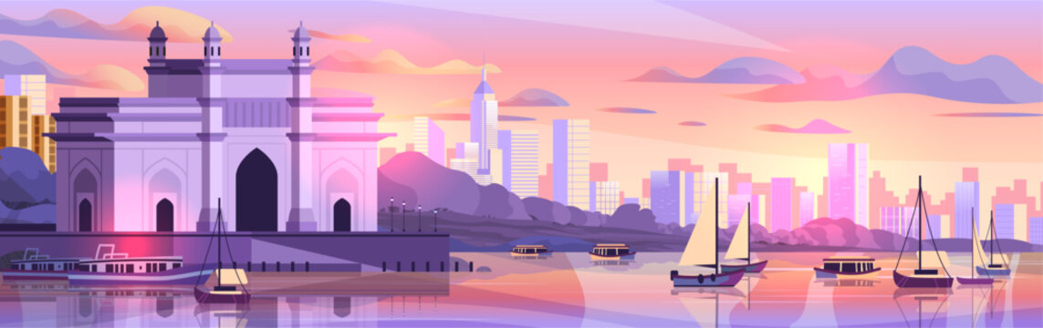 Gateway of India Mumbai skyline boats sunset cityscape pastel colors waterfront modern buildings landscape banner