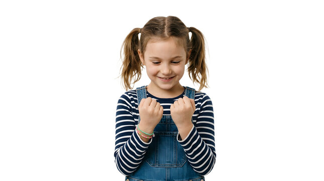 Young girl with pigtails and denim overalls clenches fists with excitement PNG Isolated on transparent background