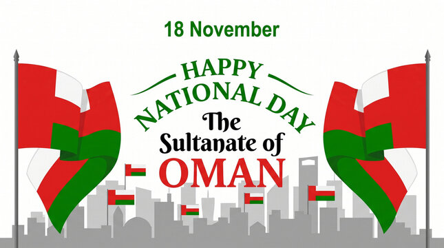 Vibrant illustration celebrating the national day of the sultanate of oman featuring two large waving national flags and a stylized city skyline background on a clean white professional graphic design