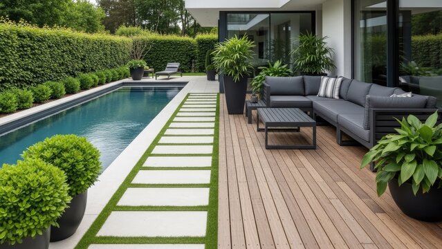 Luxurious modern backyard patio with swimming pool and lounge area
