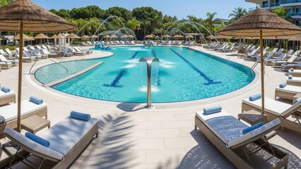 Fototapeta premium Luxury resort swimming pool with loungers and thatched umbrellas