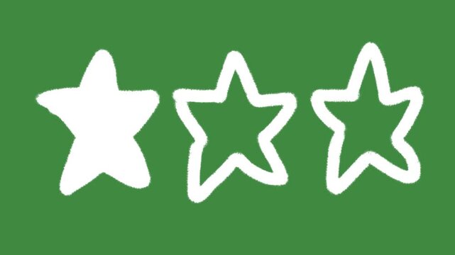 Three stars rating system hand-drawn cartoon graphic with chalk outline ranking menu and creative customer feedback review selection icon isolated on green screen background for achievement line art.
