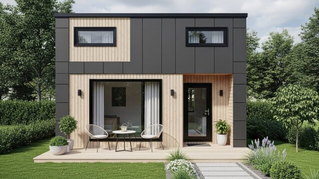 Modern two story prefab house with wooden exterior and garden