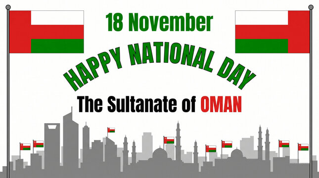 Oman national day celebration graphic featuring green and red bold text with official country flags waving above a stylized grey cityscape silhouette on a clean white background for holiday posters.